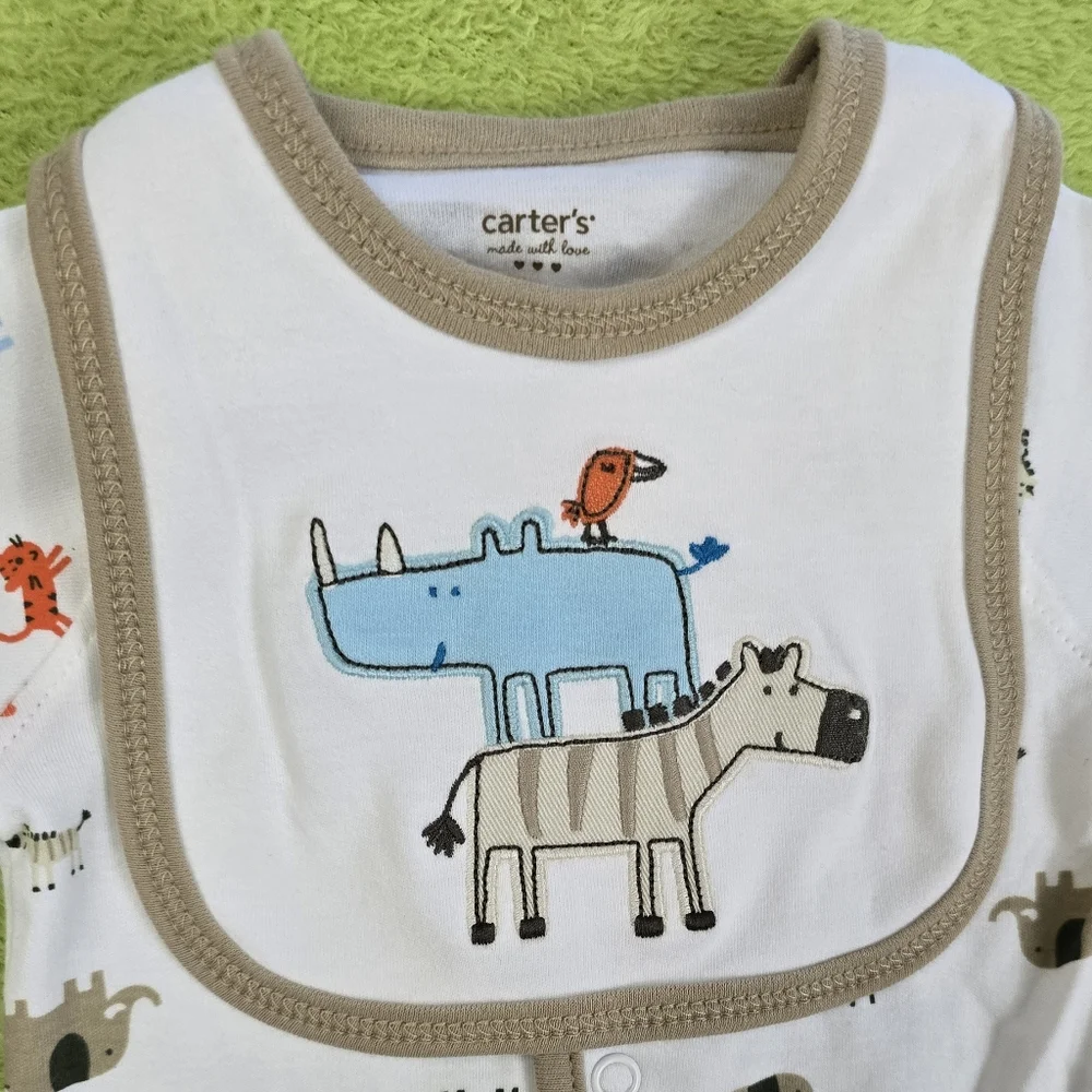 NWT 0-3M Baby BOYS 2P FOOTIE & BIB JUNGLE ANIMALS MONKEY RHINO TIGER etc (Q1)